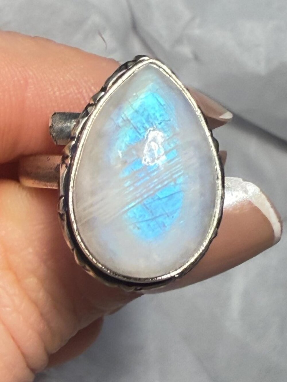 Moonstone Adjustable Ring Blue Flash OOAK Natural Stone